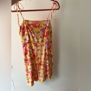 PALM BEACH CHIC Pink & Yellow Fit & Flare Tie Strap Floral Summer Resort Dress M